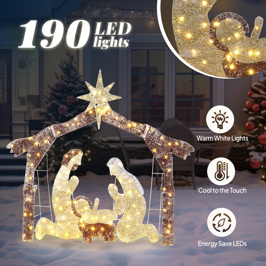 6ft Lighted Nativity Scene with 190 LED Warm White Lights – Silver Roof Garden Jesus Decoration, for Outdoor Christmas Decor