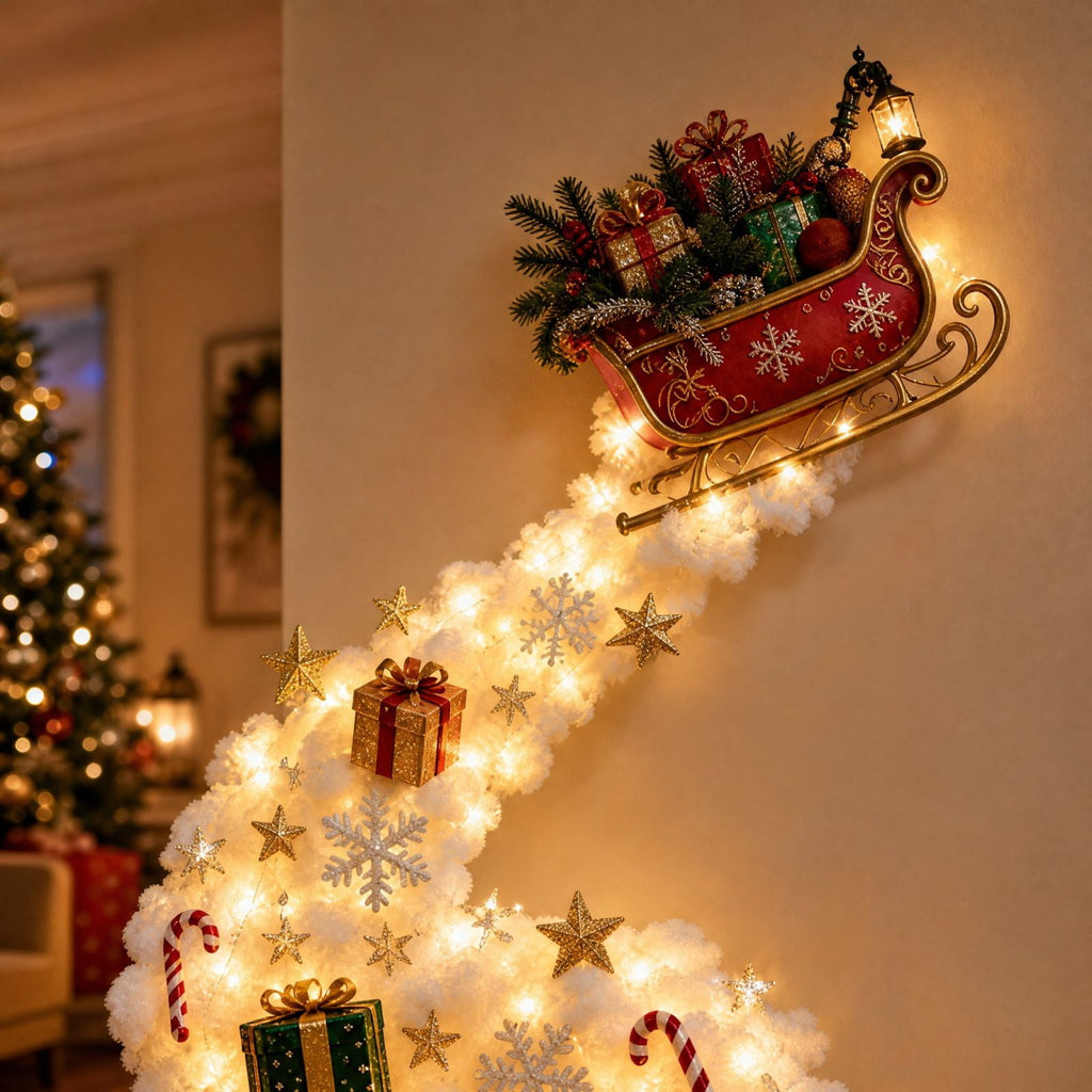 Lighted Christmas Stair Railing Garland Pack of 5 Santa Figures Snow Scene Ornament for Staircase Banister Indoor Display
