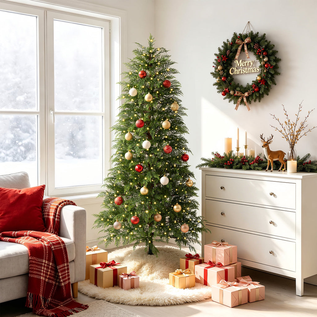 DR.Planzen 6' Pre-Lit Green Cypress Artificial Christmas Tree with 350 Warm White Twinkle LED Lights, Full-Bodied Xmas Tree with Metal Stand, Indoor Holiday Decoration