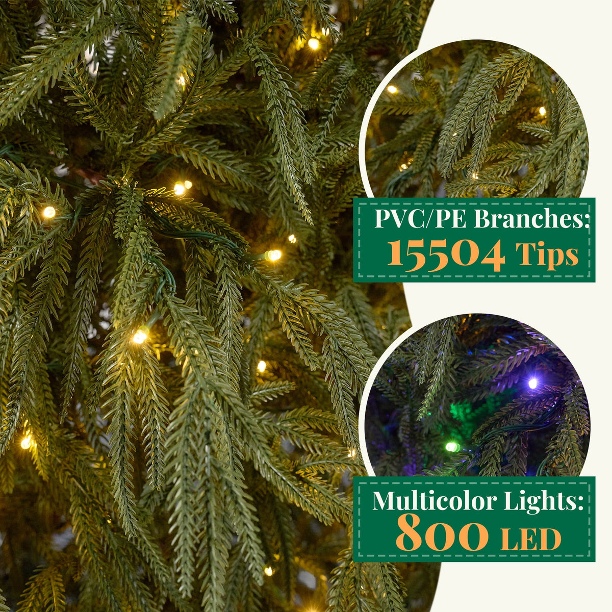 Goosiay 7 ft Pre-Lit Norfolk Pine Christmas Tree, PE Slim Artificial Tree with 300 Warm White & Multicolor 10-Function Lights, 6718 Branch Tips,Green