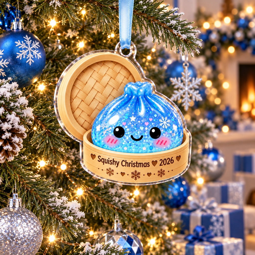 Christmas Ornament Blue Squishy Dumpling in Bamboo Steamer for Tree, Cute Squishy Lover Gift