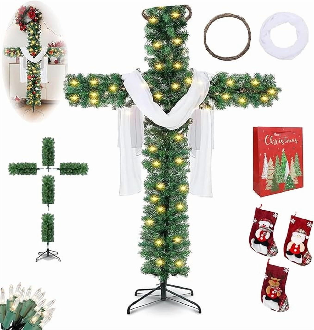 Faux Pre-Lit Cross Shaped Christmas Tree Cross, Exquisite Christmas Decorations (6FT-3 socks)