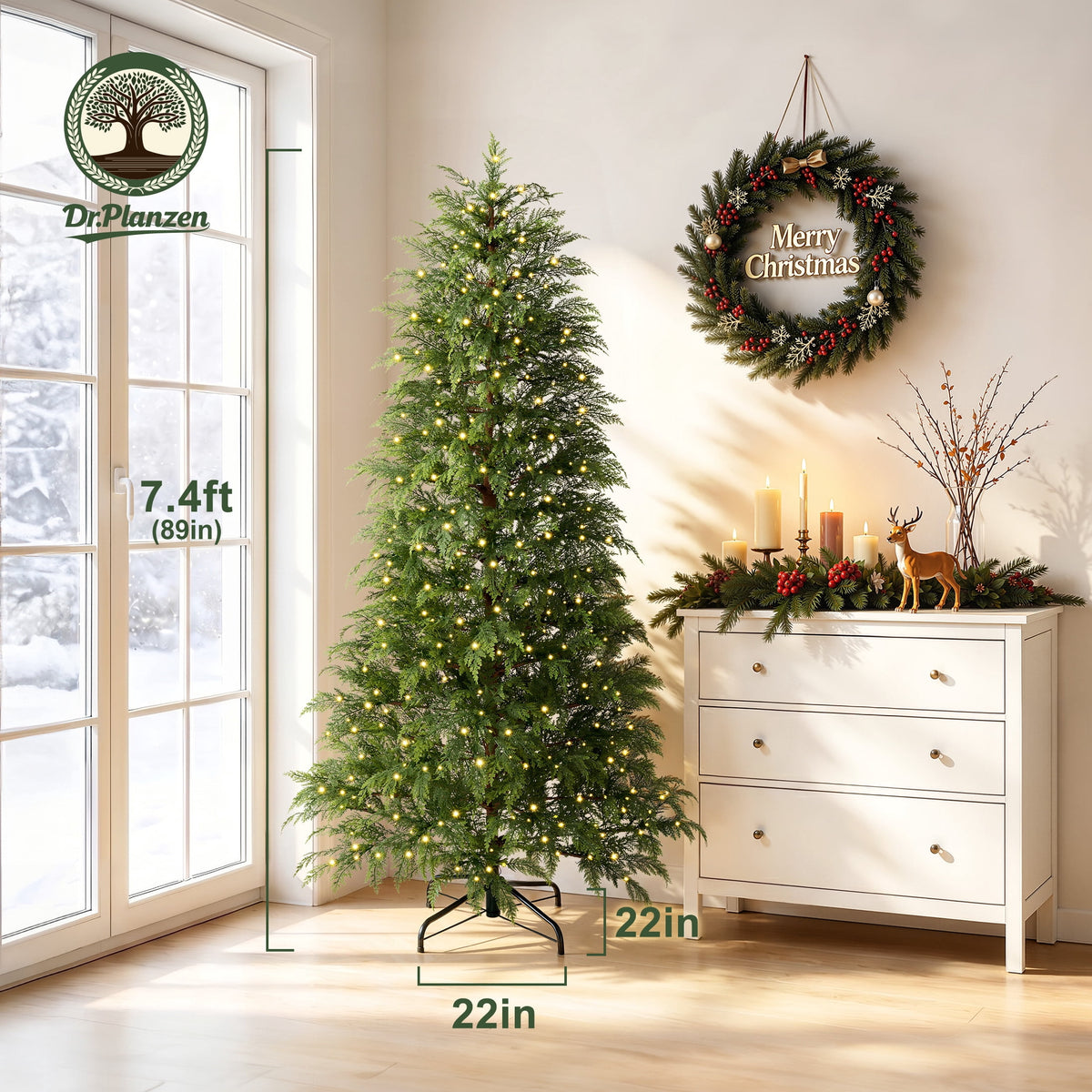 DR.Planzen 6' Pre-Lit Green Cypress Artificial Christmas Tree with 350 Warm White Twinkle LED Lights, Full-Bodied Xmas Tree with Metal Stand, Indoor Holiday Decoration