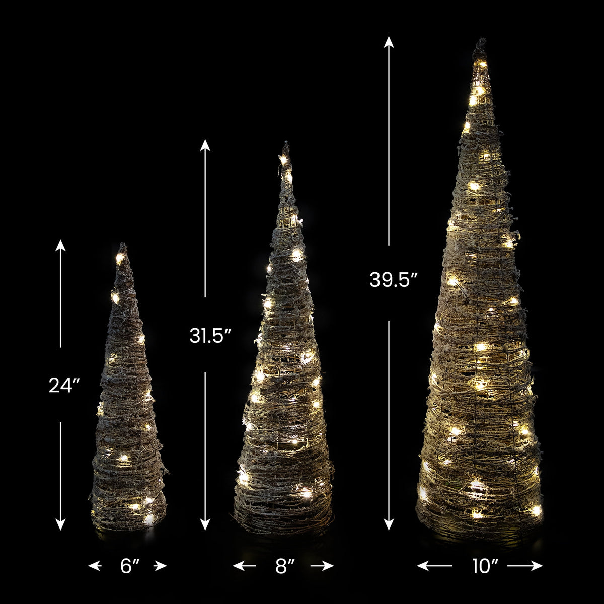 Northlight LED Lighted Snowy Rattan Christmas Cone Tree Decorations - 39.5" - Set of 3