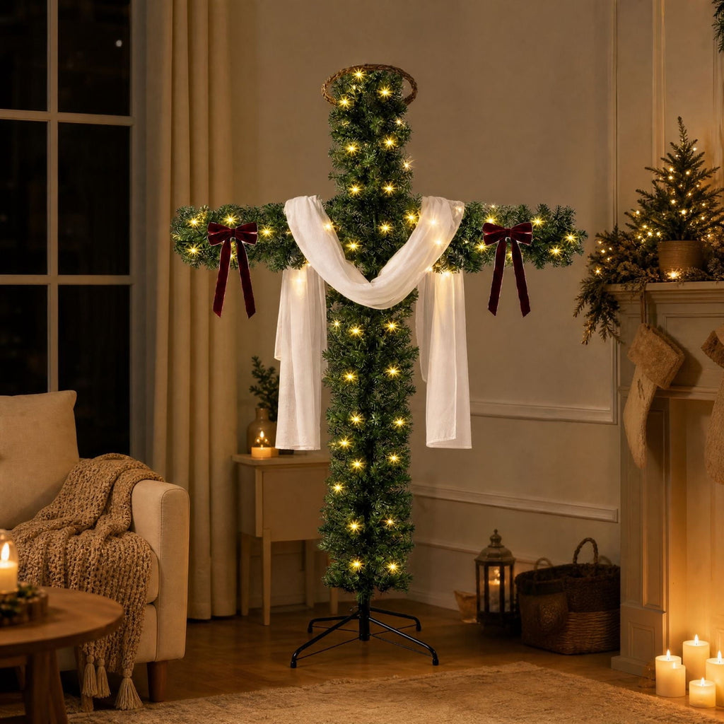 YAMB Pre-Lit Cross Shaped Christmas Tree, Artificial Pine Cross Tree with Warm Light Strings, Scarf, Bows & Rattan Ring, Foldable LED Lighted Holiday Decor with Metal Stand for Indoor Home Decor