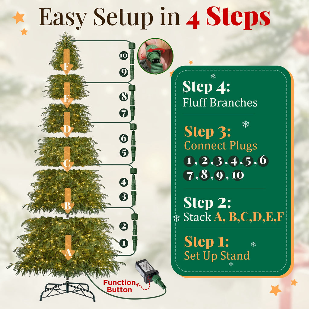 Goosiay 7 ft Pre-Lit Norfolk Pine Christmas Tree, PE Slim Artificial Tree with 300 Warm White & Multicolor 10-Function Lights, 6718 Branch Tips,Green