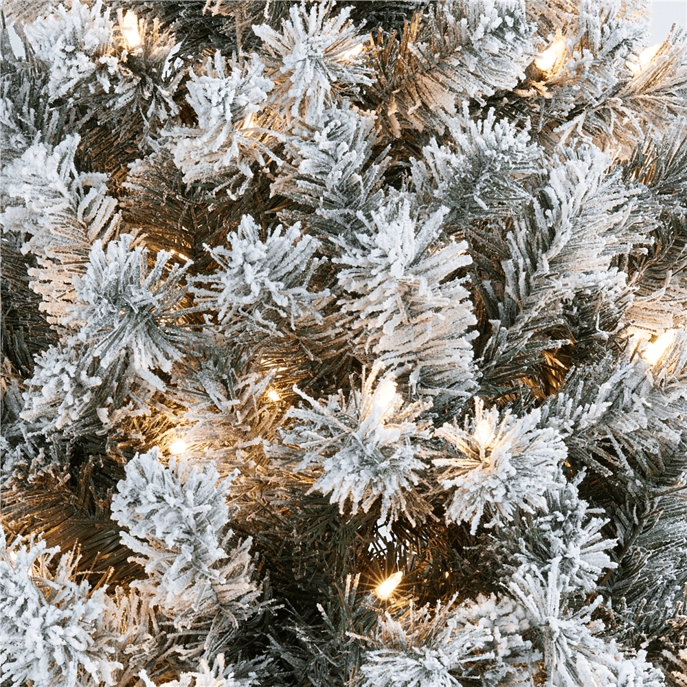 Alden Design 7.5 ft Pre-Lit Flocked Christmas Tree with Warm Lights, Frosted White