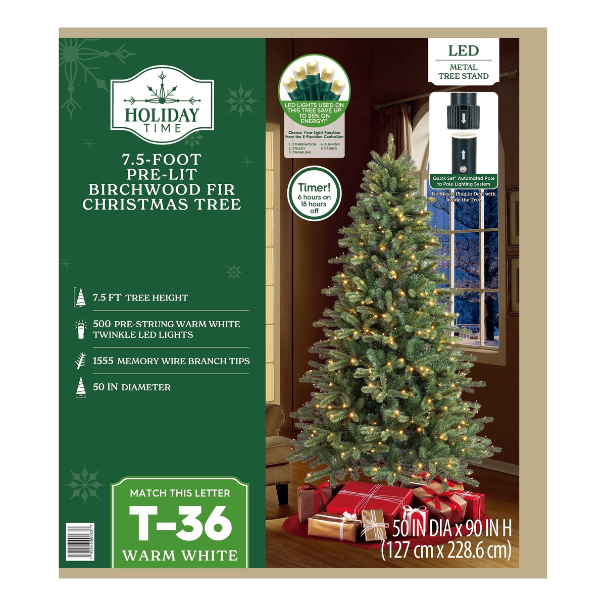 7.5' Pre-Lit Birchwood Fir Green Artificial Christmas Tree with 500 Warm White Twinkle LED Lights, Quick Set, and Stand, by Holiday Time