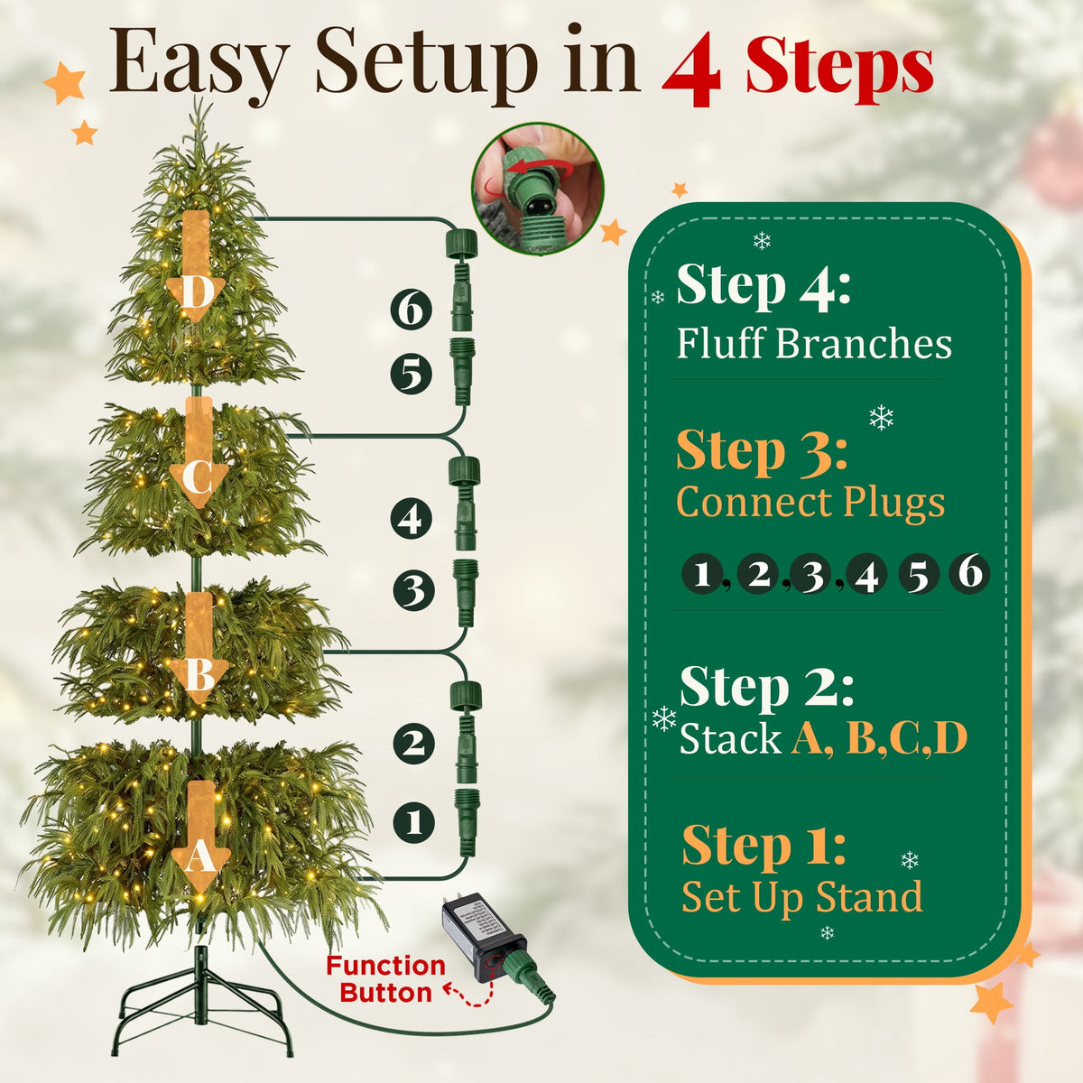 Goosiay 7 ft Pre-Lit Norfolk Pine Christmas Tree, PE Slim Artificial Tree with 300 Warm White & Multicolor 10-Function Lights, 6718 Branch Tips,Green