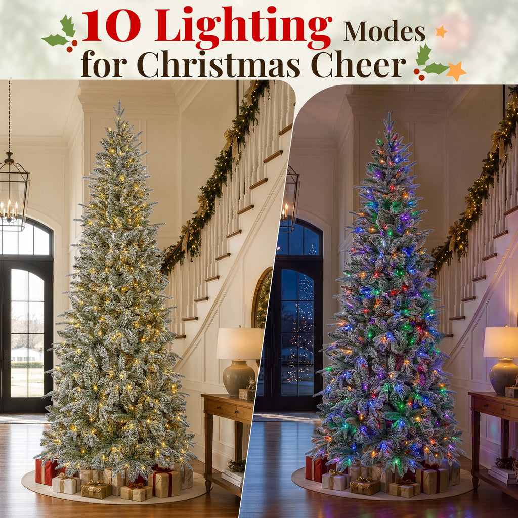 Goosiay 6 ft Pre-Lit Frosted Slim Aspen Fir Artificial Christmas Tree, PE & PVC Branches, 200 Warm White & Multicolor Lights, 10 Light Modes, 853 Branch Tips