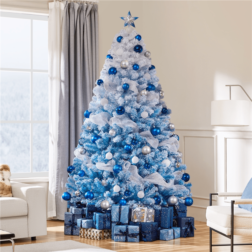 Alden Design 7.5 ft Pre-Lit Flocked Christmas Tree with Warm Lights, Frosted White