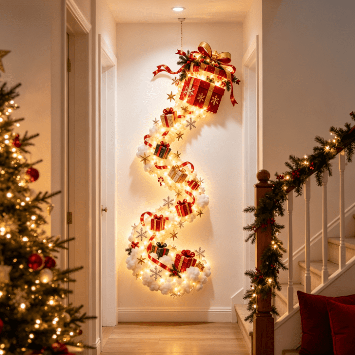 Lighted Christmas Stair Railing Garland Pack of 5 Santa Figures Snow Scene Ornament for Staircase Banister Indoor Display