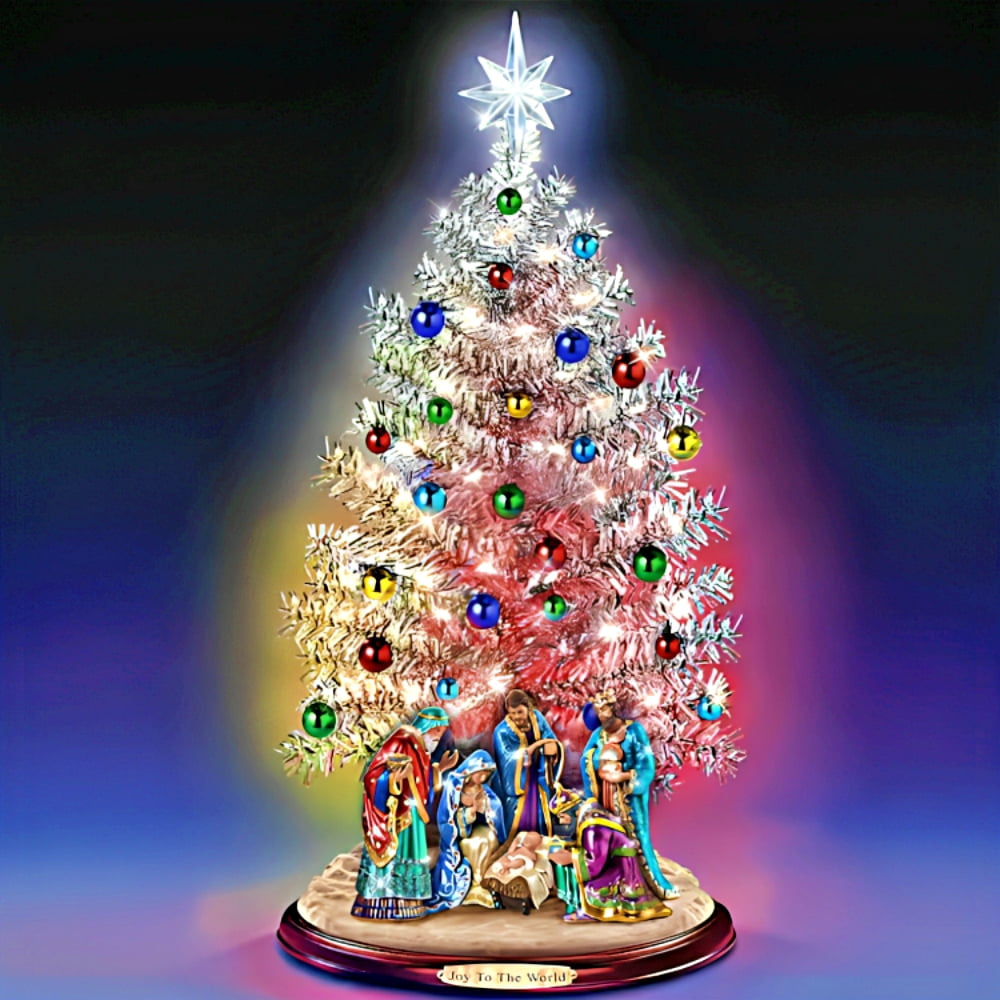 The Bradford Exchange Joy to the World Nativity Tabletop Christmas Tree with Lights & Music Pre-Lit Holiday Tree with Sculpted Nativity Scene Color-Changing Base USB Powered Christmas Decor 16-inches