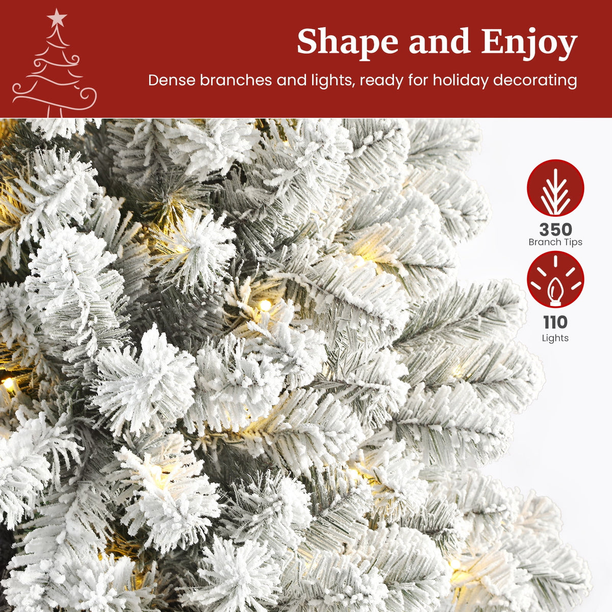 Lolsea 7ft Prelit Snow Flocked Artificial Holiday Christmas Tree w/ Warm White Lights, Foldable Stand, Full Snow Branch Tips