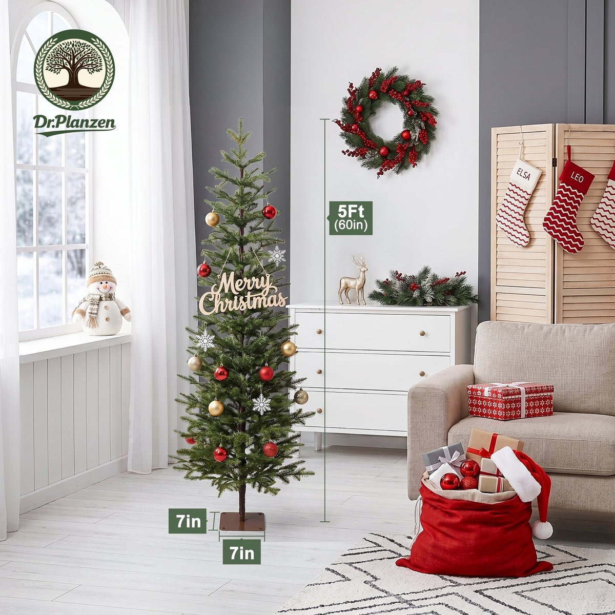 DR.Planzen 7ft Pencil Christmas Tree, 1961 Tips PE Realistic Unlit Artificial Slim Christmas Tree with Metal Stand - Holiday Indoor Decoration for Apartment Entryway Corner Office