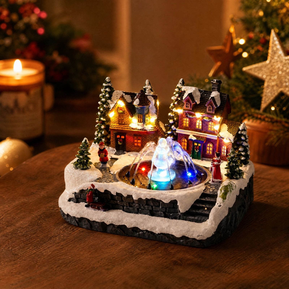 Rysoverian Christmas Lighted Fountain Music Box, Rotating Resin Ornament with Music and Water Spray for Tabletop Holiday Decor