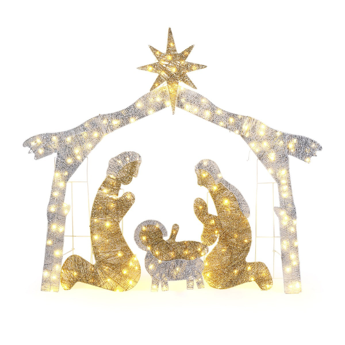 6ft Lighted Nativity Scene with 190 LED Warm White Lights – Silver Roof Garden Jesus Decoration, for Outdoor Christmas Decor