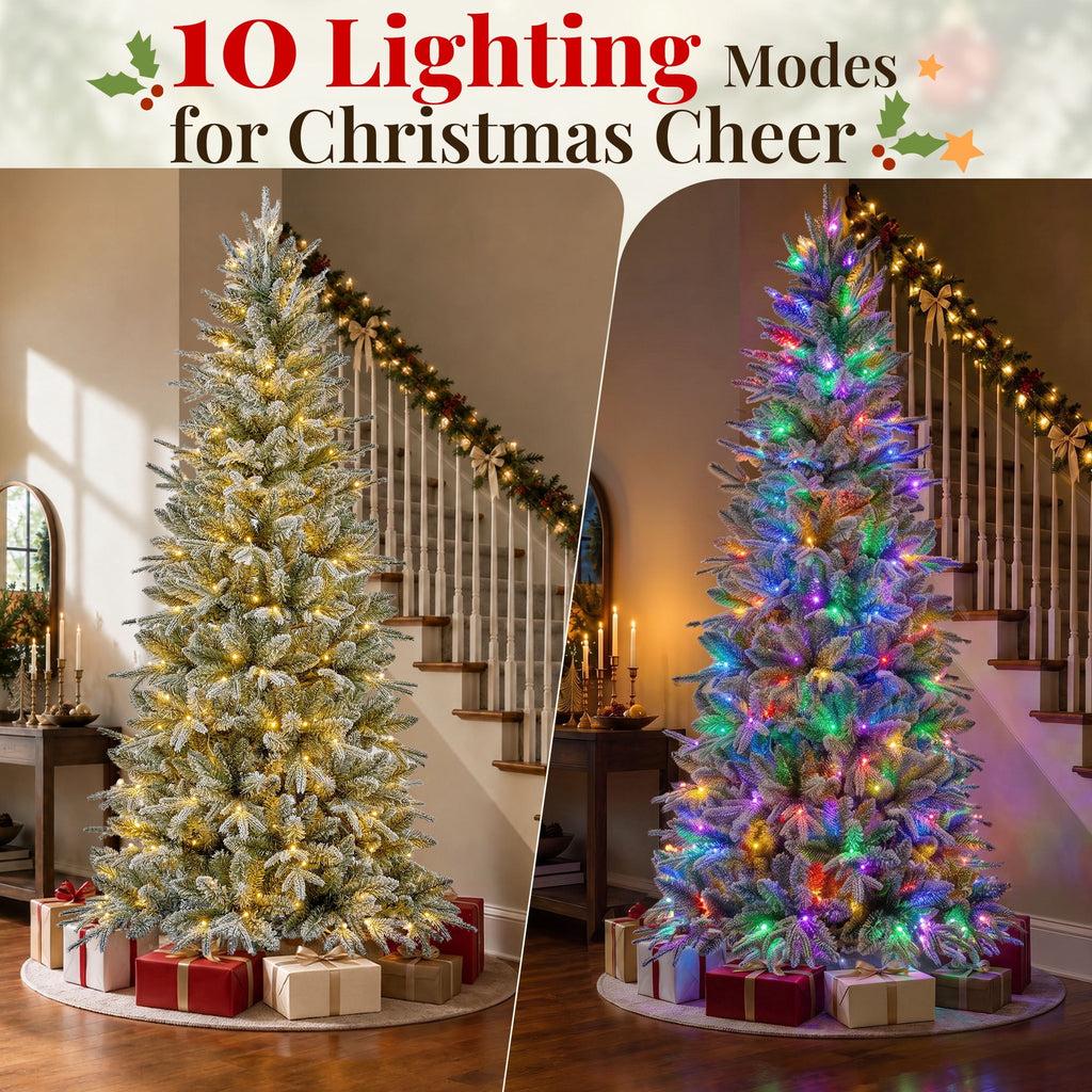 Goosiay 6 ft Pre-Lit Frosted Slim Aspen Fir Artificial Christmas Tree, PE & PVC Branches, 200 Warm White & Multicolor Lights, 10 Light Modes, 853 Branch Tips