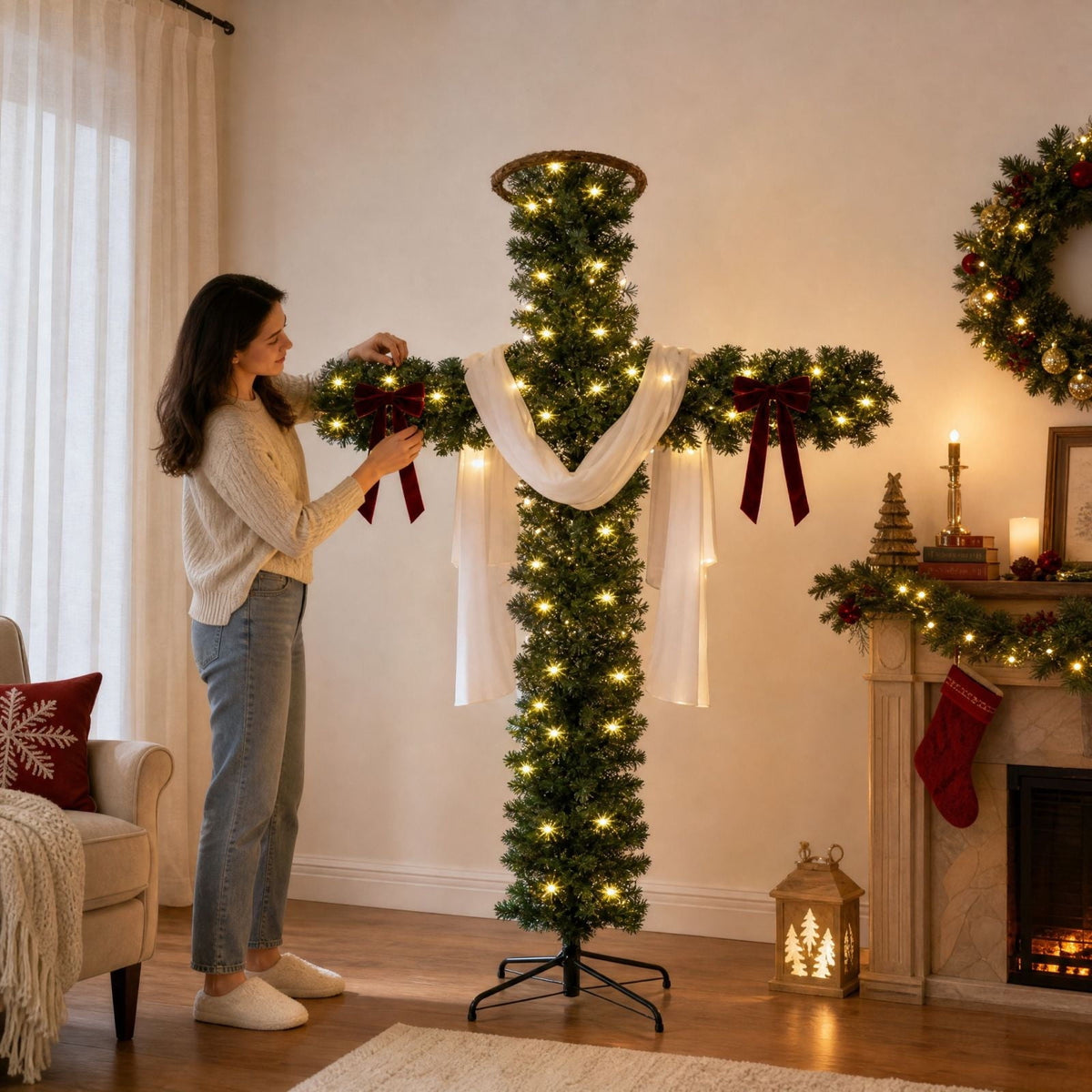YAMB Pre-Lit Cross Shaped Christmas Tree, Artificial Pine Cross Tree with Warm Light Strings, Scarf, Bows & Rattan Ring, Foldable LED Lighted Holiday Decor with Metal Stand for Indoor Home Decor