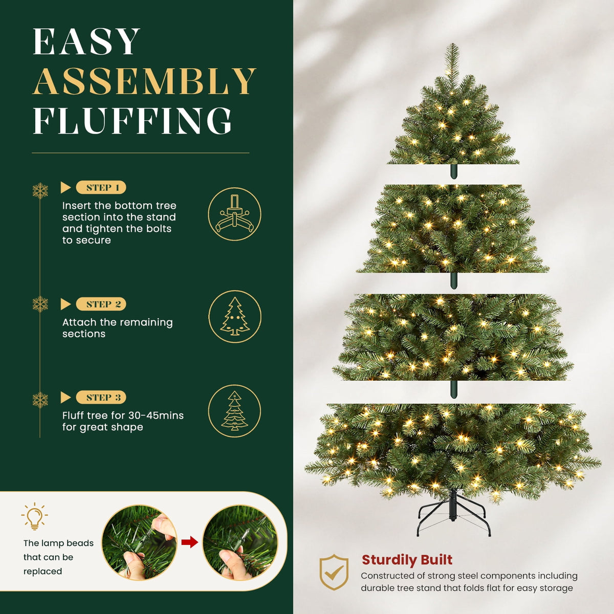 Lolsea 7ft Pre-Lit Premium Artificial Hinged Christmas Tree w/ Warm White Lights, Perfect Choice for Xmas Decoration