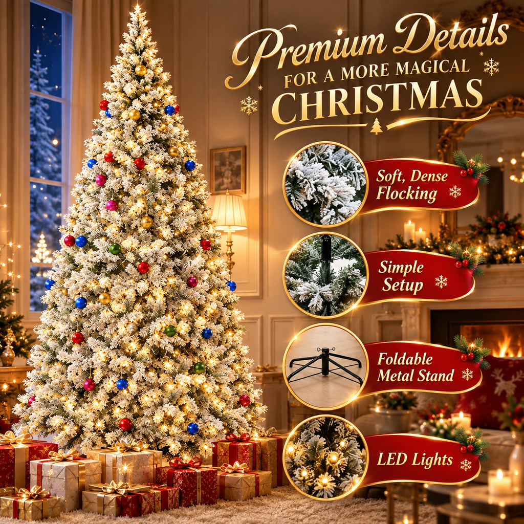 AUOSHI 7.5FT Snow Flocked Christmas Tree, Artificial White Christmas Tree with Large Storage Bag,11 Modes Warm White & Multicolor LED Lights,Indoor Holiday Home Decor