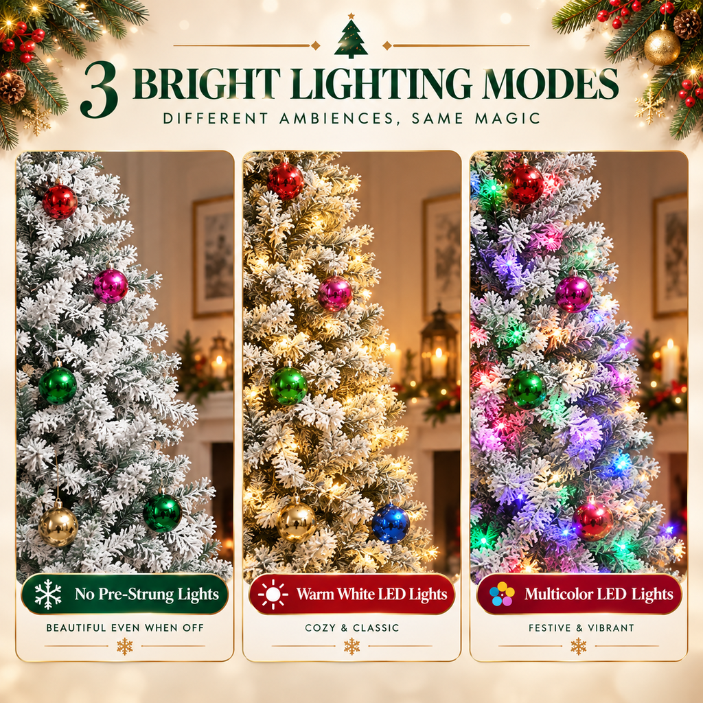 AUOSHI 7.5FT Snow Flocked Christmas Tree, Artificial White Christmas Tree with Large Storage Bag,11 Modes Warm White & Multicolor LED Lights,Indoor Holiday Home Decor