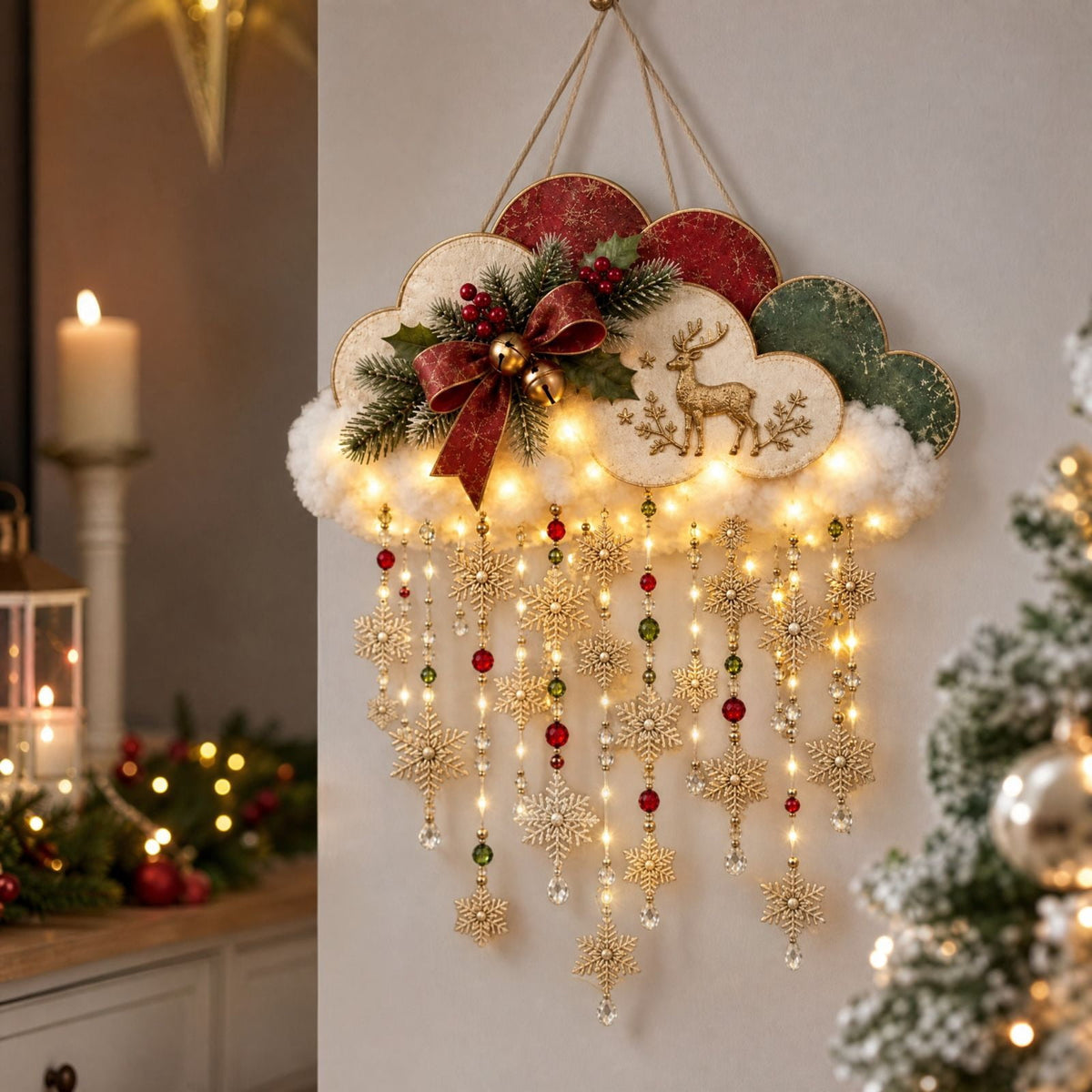 Lighted Christmas Stair Railing Garland Pack of 5 Santa Figures Snow Scene Ornament for Staircase Banister Indoor Display