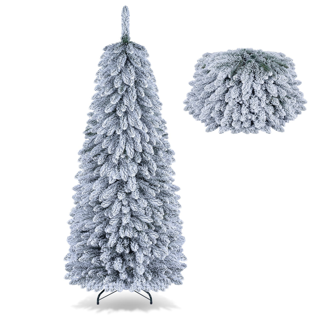 Costway 5 FT Pre-Lit Slim Christmas Tree Flocked Xmas Decoration 11 Modes 150 LED Lights
