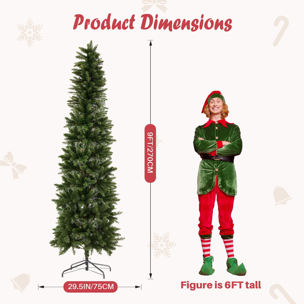JIOABL 9-Foot Pre-Lit Fraser Fir Pencil Artificial Christmas Tree, Offering 8 Warm Light Modes, Green