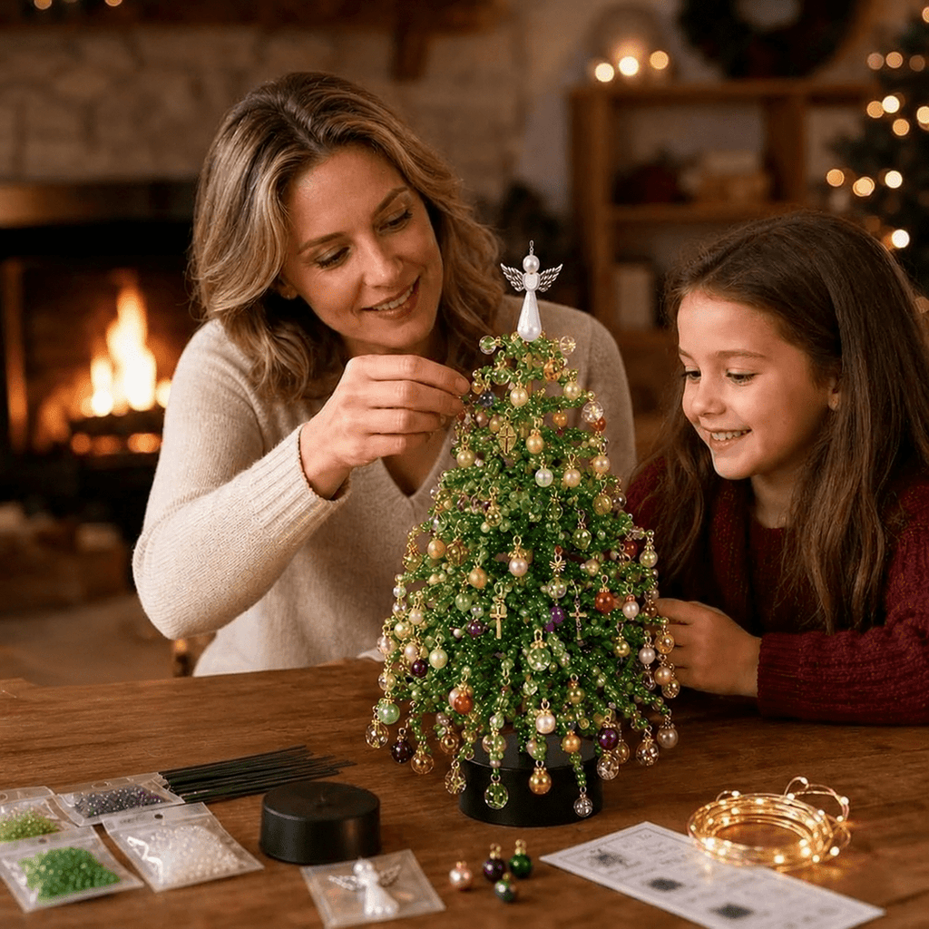 MerriBead Christmas Tree, DIY Beaded Christmas Tree Kit with Lights, Handmade Mini Desk Bead Art Holiday Decoration