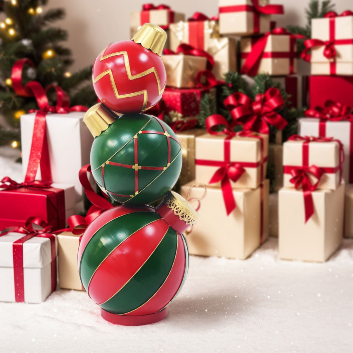 Jivora 12" Stacked Christmas Balls Decoration, Red Green Holiday Tabletop Ornament for Home