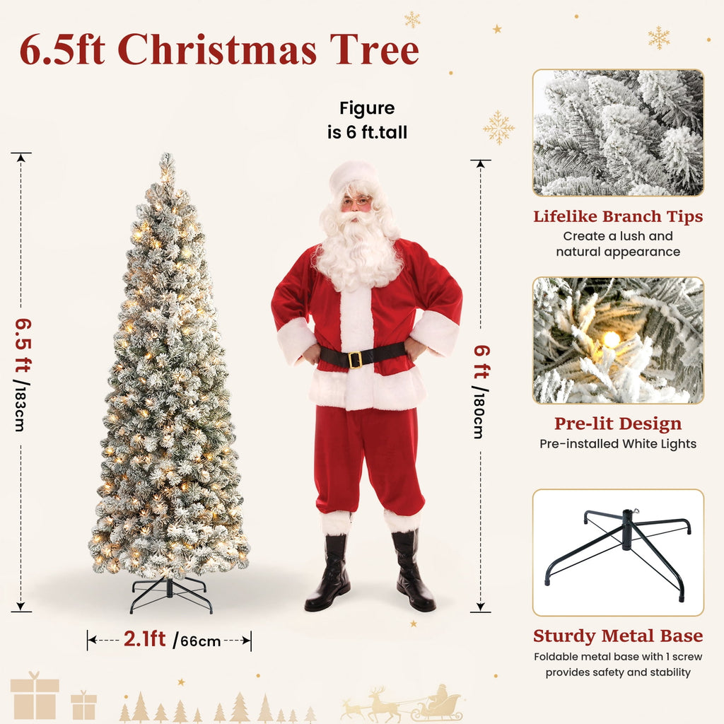 Lolsea 7ft Prelit Snow Flocked Artificial Pencil Christmas Tree with Warm White Lights, Full Branch Tips, Perfect Choice Decoration for Xmas Holiday