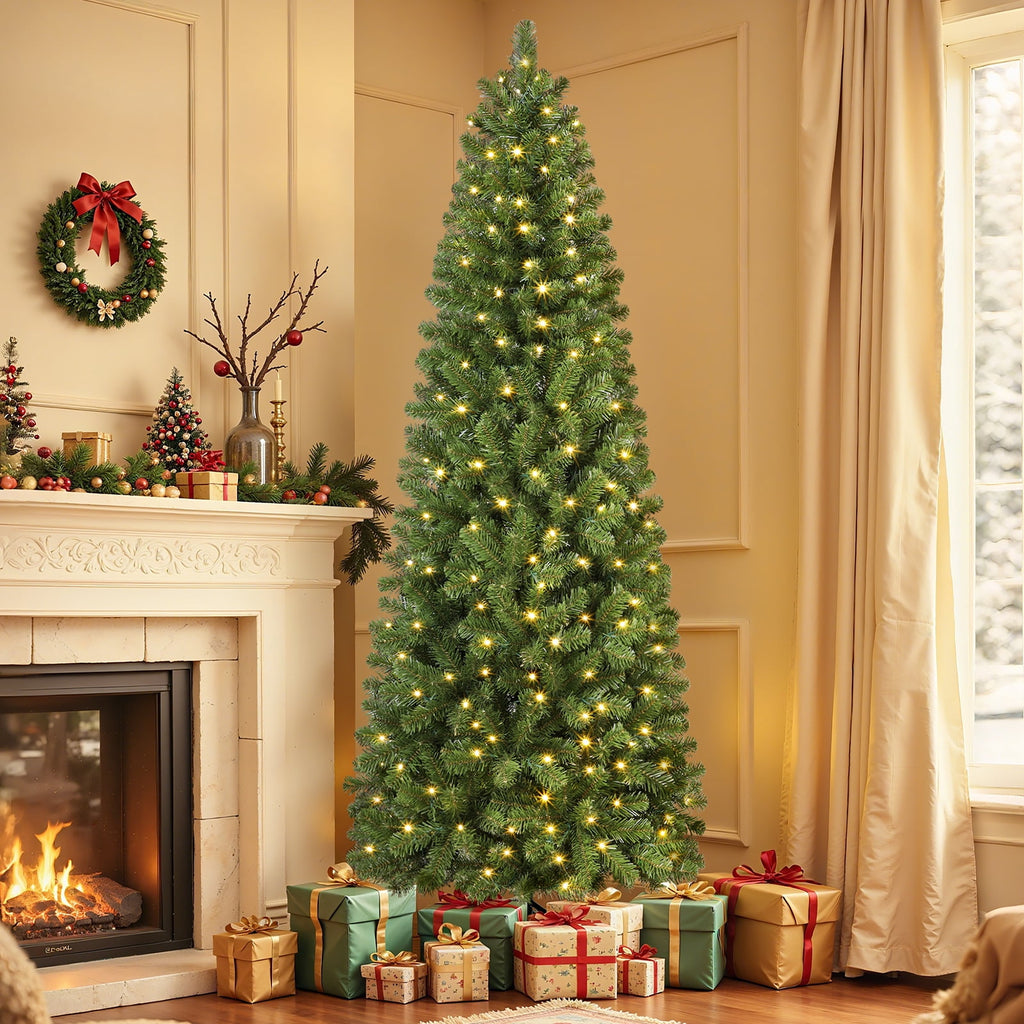 Lolsea 6.5ft Prelit Artificial Slim Pencil Christmas Tree w/ Warm White Lights, Full Branch Tips, Perfect Choice Decoration for Xmas Holiday