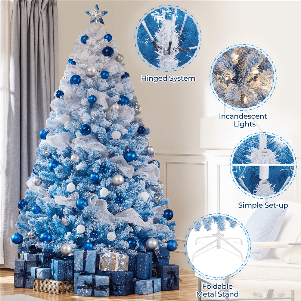Alden Design 7.5 ft Pre-Lit Flocked Christmas Tree with Warm Lights, Frosted White