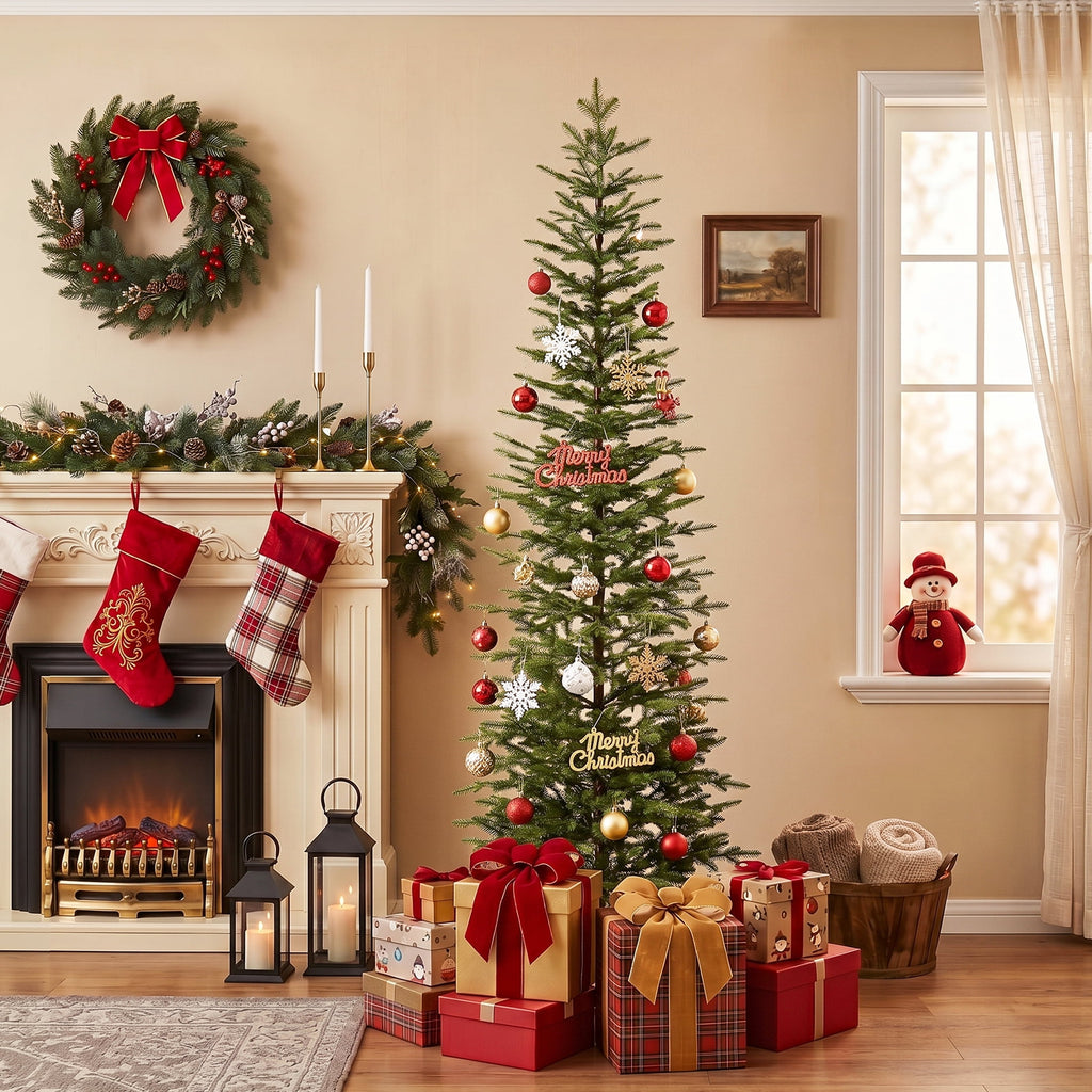 DR.Planzen 7ft Pencil Christmas Tree, 1961 Tips PE Realistic Unlit Artificial Slim Christmas Tree with Metal Stand - Holiday Indoor Decoration for Apartment Entryway Corner Office
