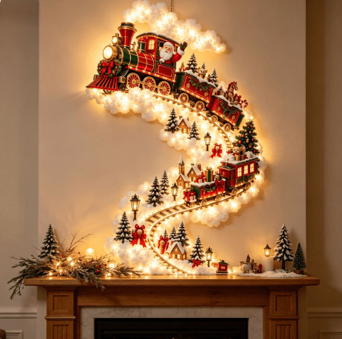 Lighted Christmas Stair Railing Garland Pack of 5 Santa Figures Snow Scene Ornament for Staircase Banister Indoor Display