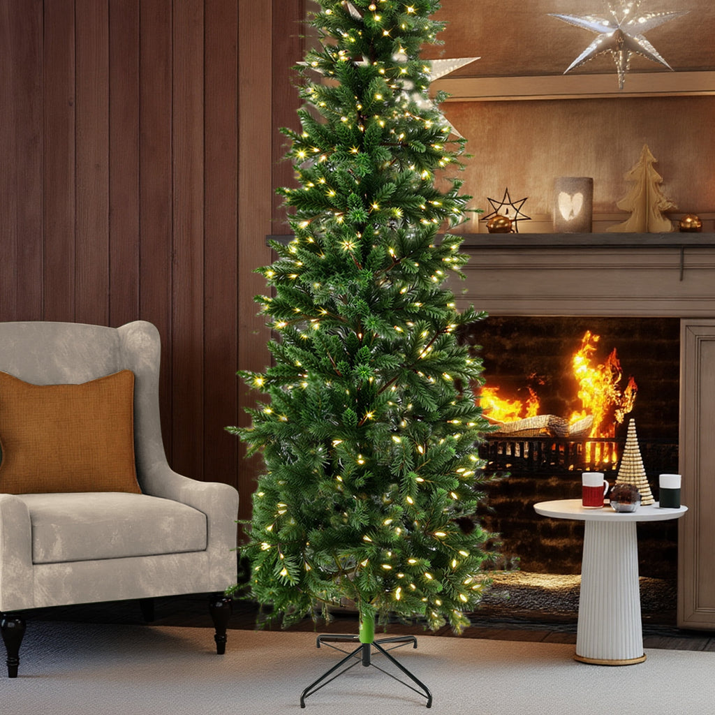 edx 9ft Pre-lit Pencil Christmas Tree, Green Artificial Spruce Slim Christmas Trees, With 500 LED Lights, 1100 Branch Tips & Foldable Base, For Home, Office, Party Decoration