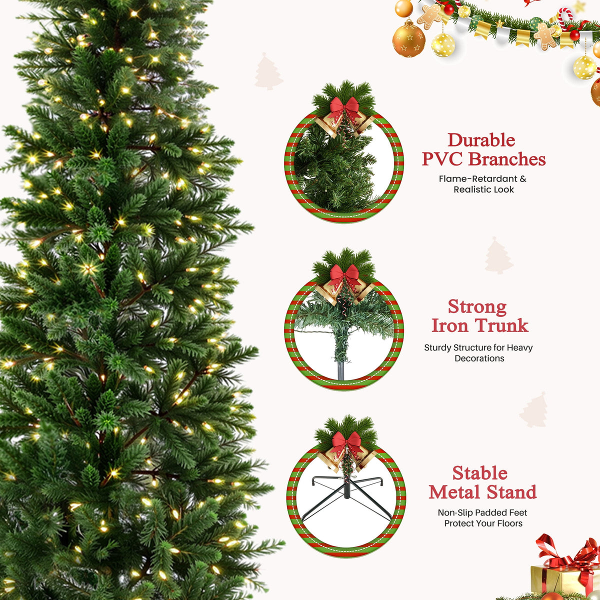 edx 9ft Pre-lit Pencil Christmas Tree, Green Artificial Spruce Slim Christmas Trees, With 500 LED Lights, 1100 Branch Tips & Foldable Base, For Home, Office, Party Decoration
