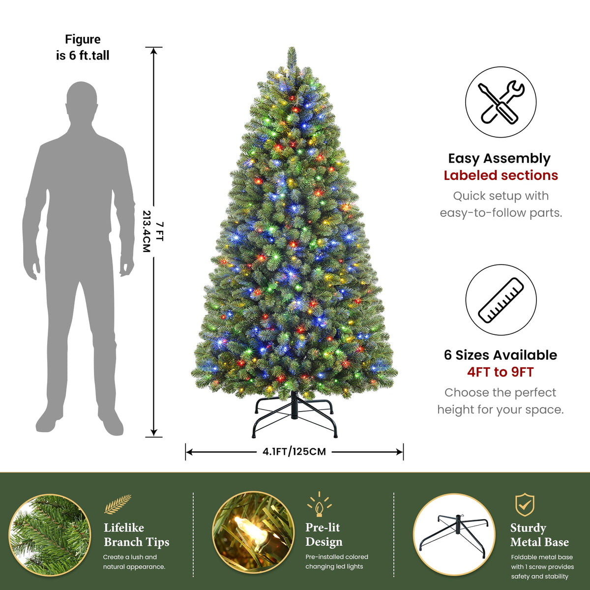 Lolsea 7ft Prelit Artificial Christmas Tree w/ Remote Control and Warm White & Color Changing Lights