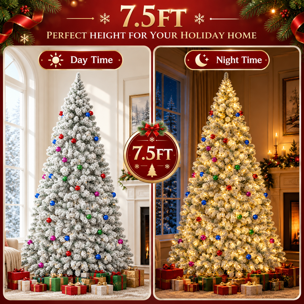 AUOSHI 7.5FT Snow Flocked Christmas Tree, Artificial White Christmas Tree with Large Storage Bag,11 Modes Warm White & Multicolor LED Lights,Indoor Holiday Home Decor