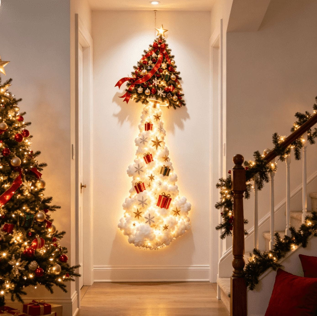 Lighted Christmas Stair Railing Garland Pack of 5 Santa Figures Snow Scene Ornament for Staircase Banister Indoor Display