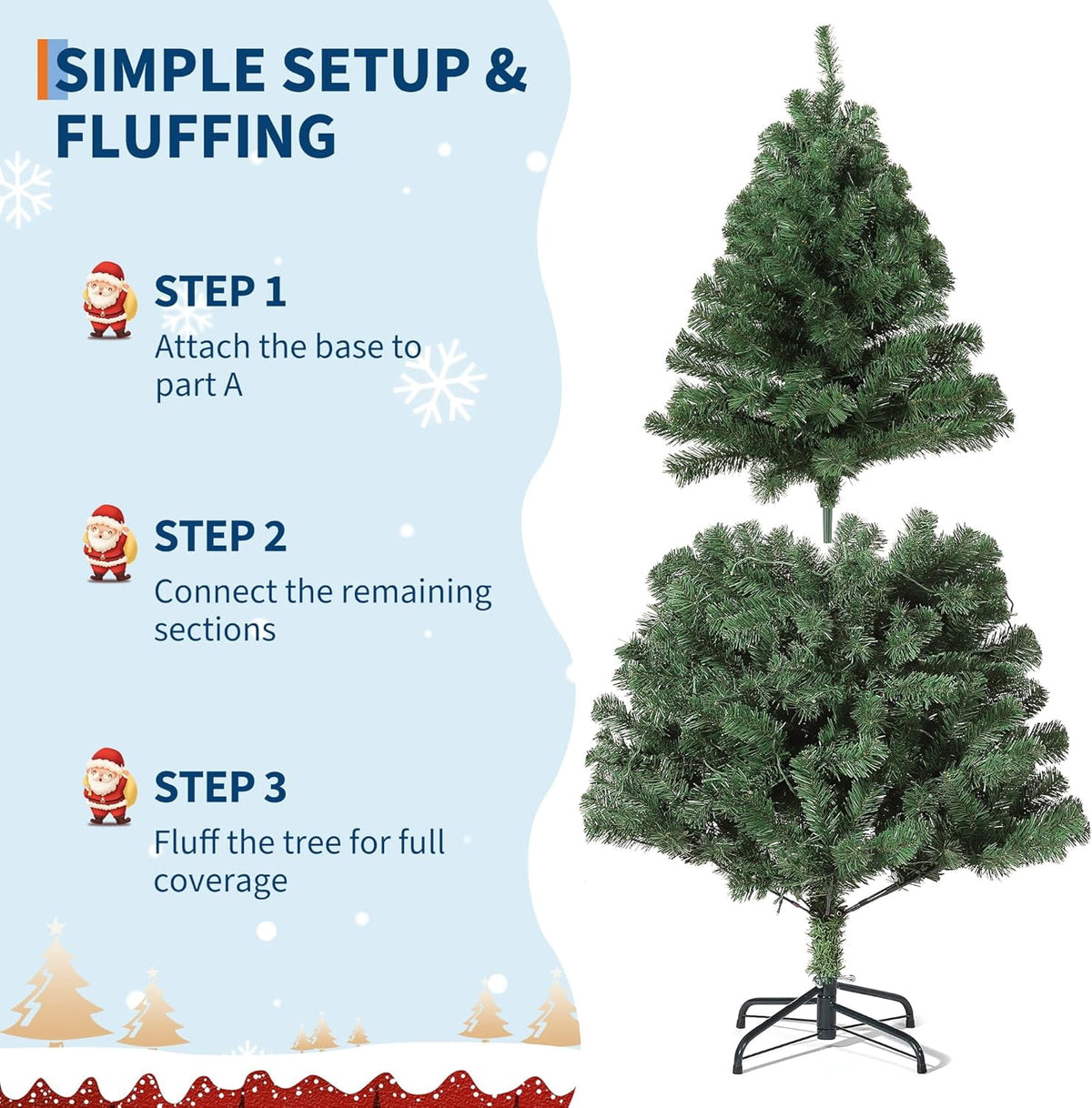 7.5ft Full PE Branch Artificial Spruce Christmas Tree, Hinged Sections Foldable Metal Base Holiday Decor