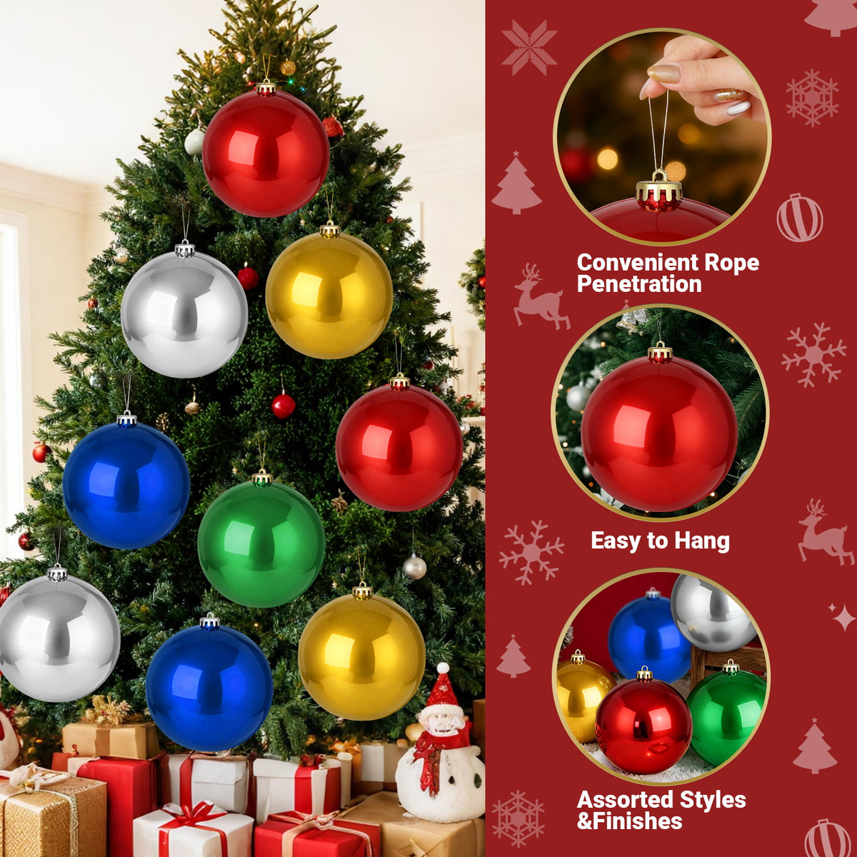 12 Pack 8 Inch Shatterproof Christmas Ball Ornaments, Assorted Glossy, Matte & Glitter Red Balls, Xmas Tree Decorations for Holiday Celebrations
