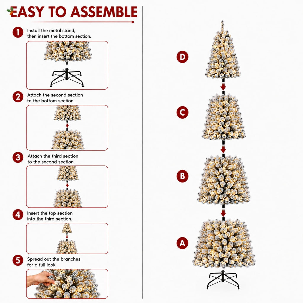 DRNEWI 6.5ft Prelit Snow Flocked Artificial Pencil Christmas Tree with Warm White Lights, Full Branch Tips, Perfect Choice Decoration for Xmas Holiday
