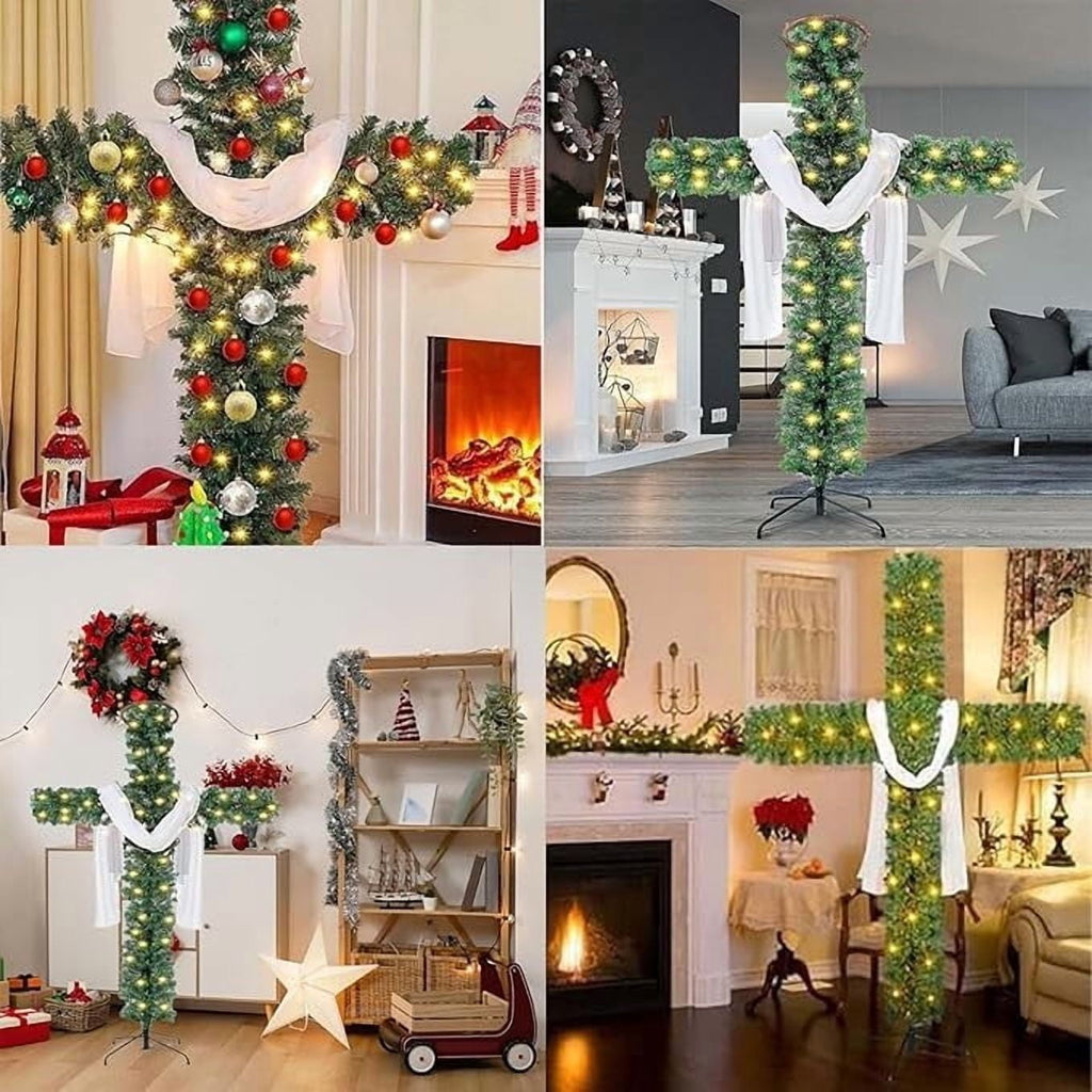 Faux Pre-Lit Cross Shaped Christmas Tree Cross, Exquisite Christmas Decorations (6FT-3 socks)