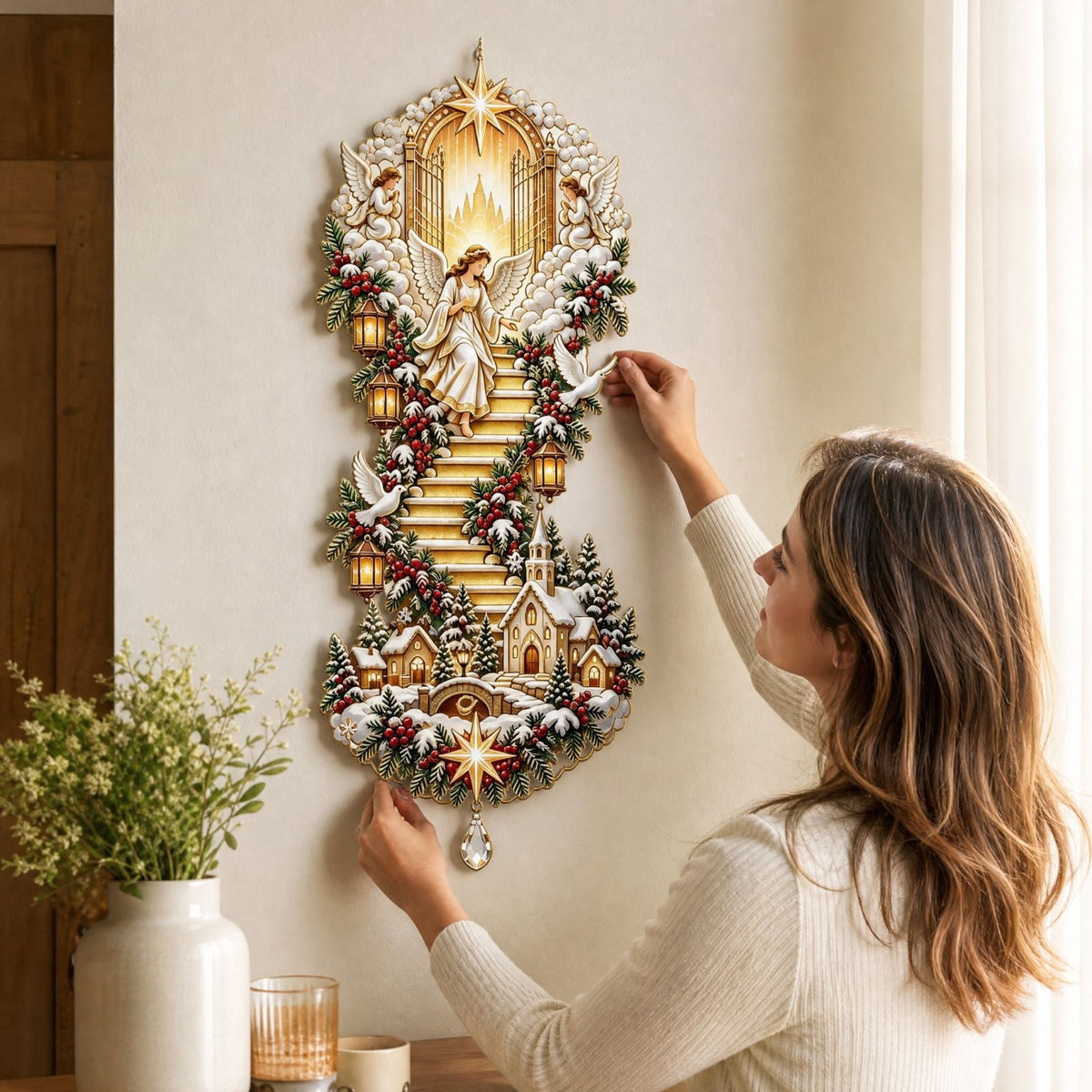 Lighted Christmas Stair Railing Garland Pack of 5 Santa Figures Snow Scene Ornament for Staircase Banister Indoor Display