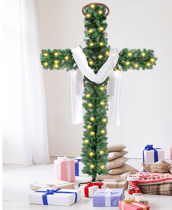 Loyerfyivos 6Ft Pre-Lit Christmas Crosses Tree Artificial Christmas Cross Tree Artificial Xmas Tree with LED Light and Christ Crown Silk Scarf Wood Rattan Ring for Home Decor Celebrate Lord Savio