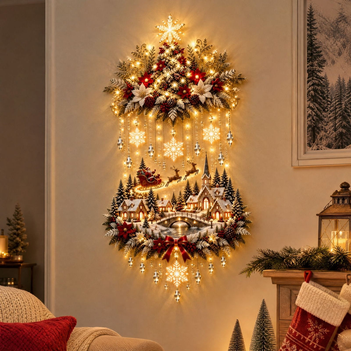 5Pcs Christmas Stair Banister Decoration Lighted Santa Snow Scene Garland for Stair Railing Indoor Holiday Home Ornament