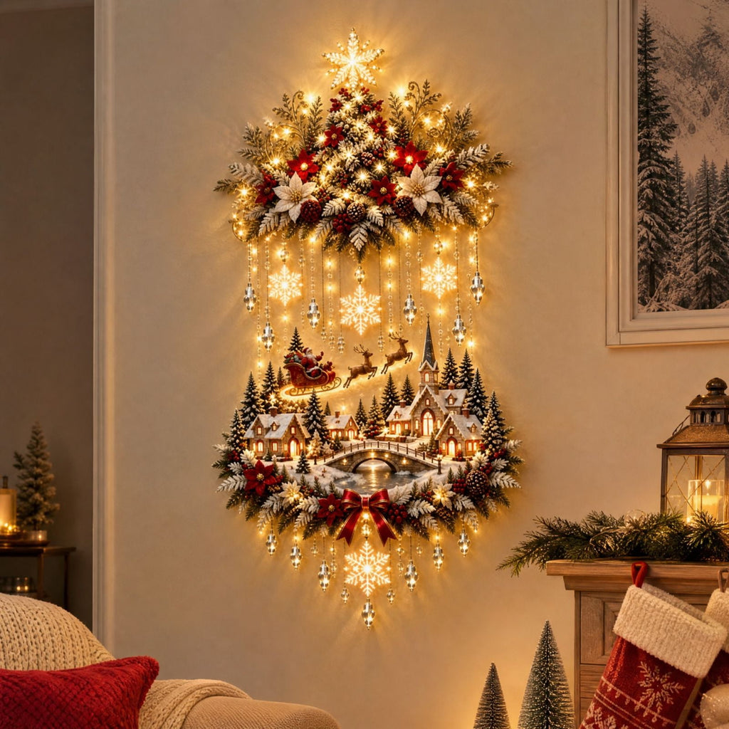 Lighted Christmas Stair Railing Garland Pack of 5 Santa Figures Snow Scene Ornament for Staircase Banister Indoor Display