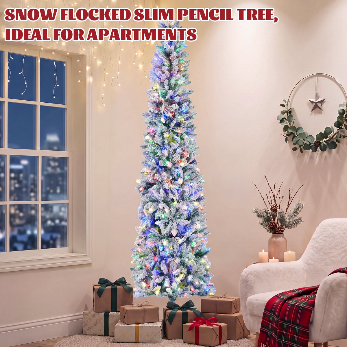 edx 9ft Pre-lit Pencil Christmas Tree, Green Artificial Spruce Slim Christmas Trees, With 500 LED Lights, 1100 Branch Tips & Foldable Base, For Home, Office, Party Decoration